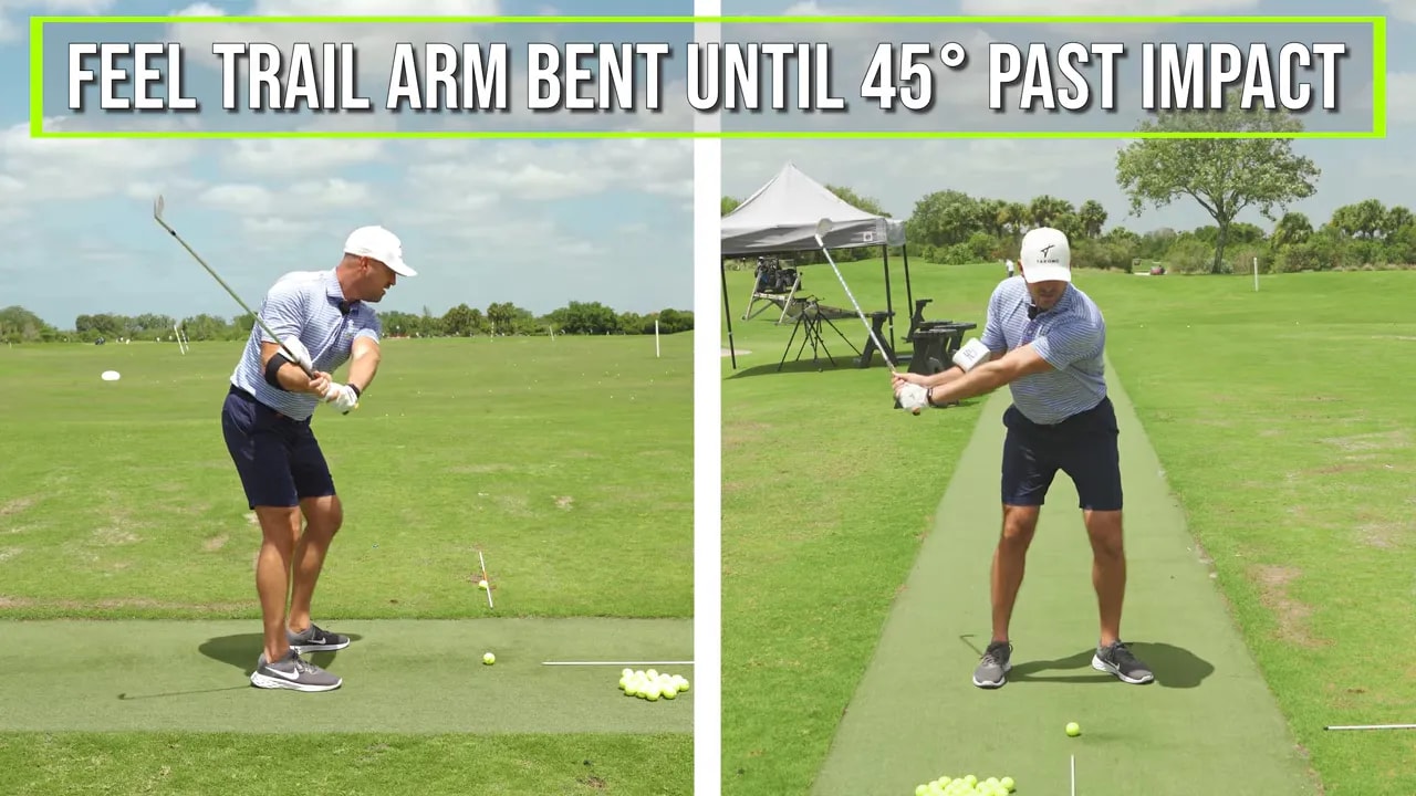 Golf instruction split-screen with text 'Feel trail arm bent until 45° past impact' for delayed extension drill