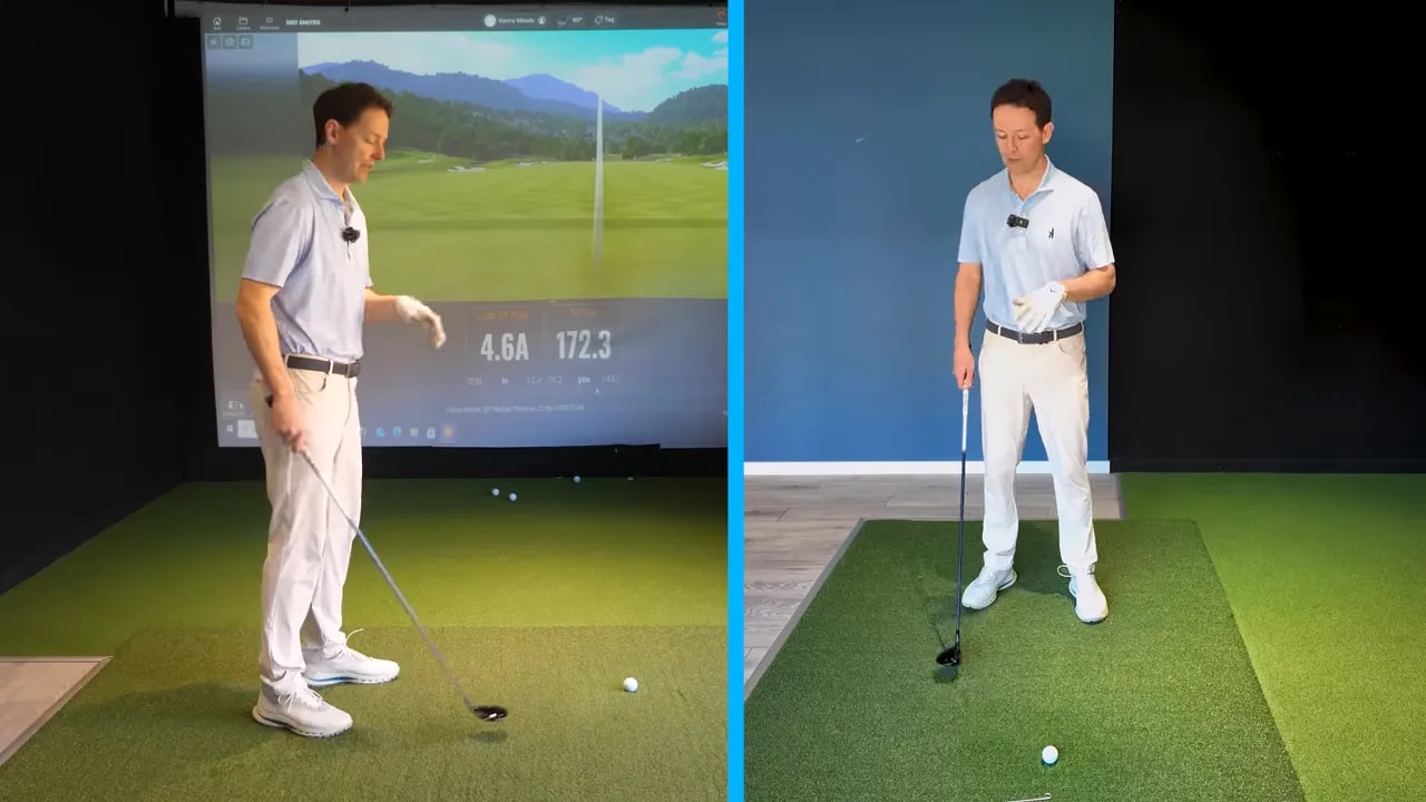 Golf coach demonstrating a shot on indoor simulator while discussing strike feedback