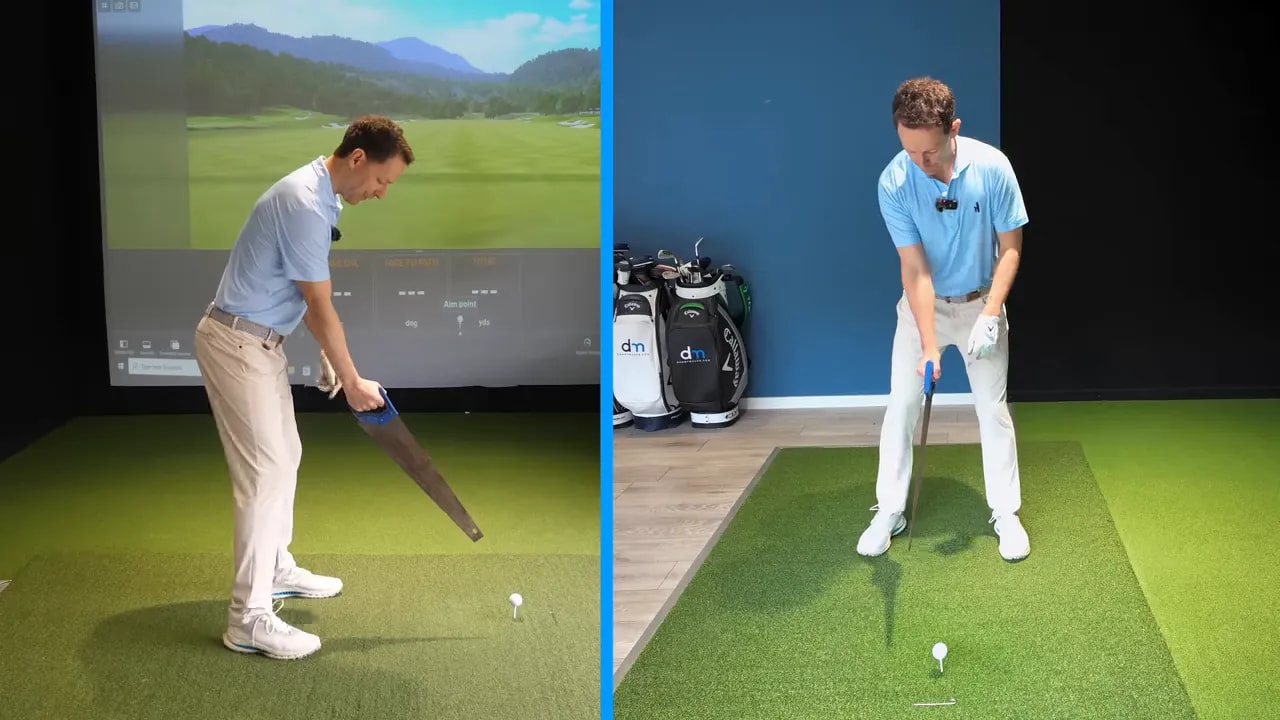 Golfer practices driver positioning at address while preparing to load the club