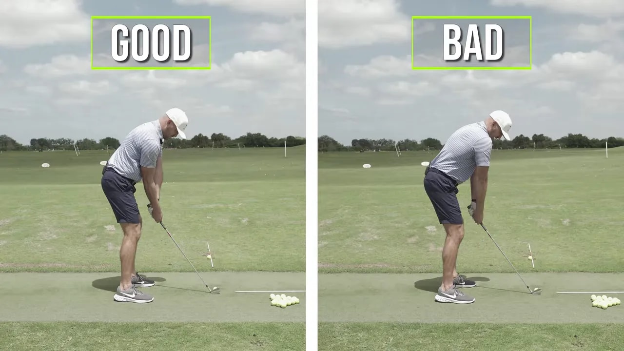 Split-screen comparison labeled good and bad showing golfer right elbow and trail arm position