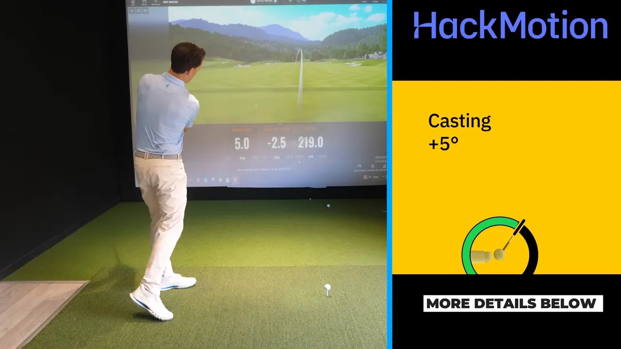 HackMotion overlay showing 'Casting +5' to identify an early release problem during driver swings in a golf simulator