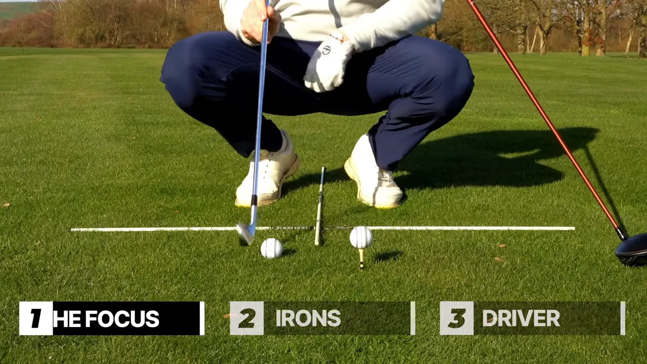 Diagram-style view showing focus areas for irons and driver in low-point instruction