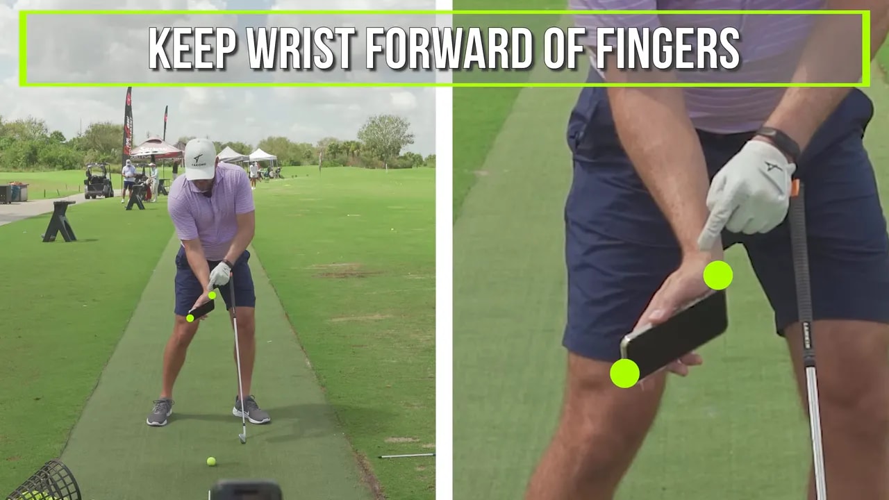 Close-up instruction graphic showing how to keep wrist forward of fingers during impact