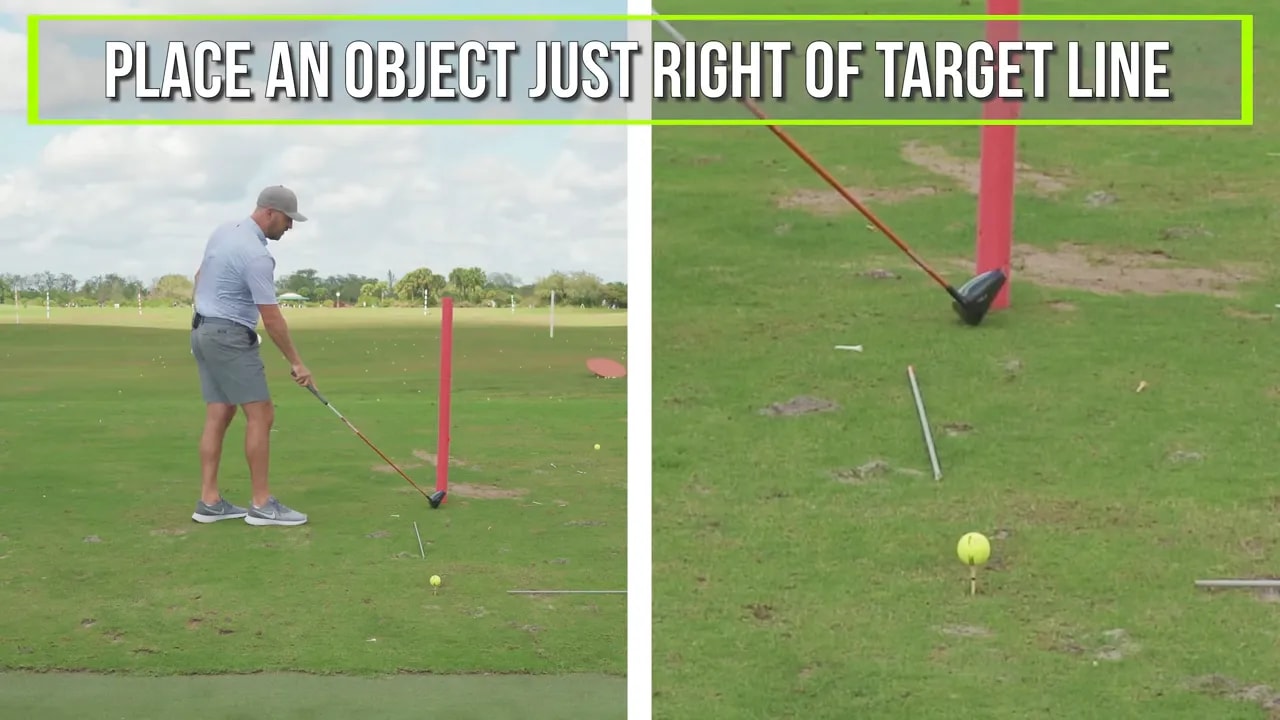 Split-screen showing a target line alignment drill with an object placed just right of the target line on a golf range