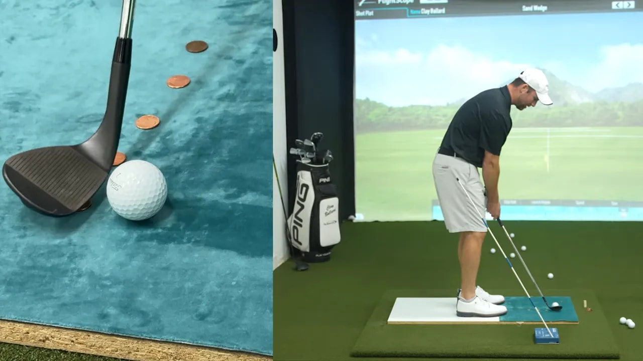 Penny-window drill setup showing coins and golf ball for first ground contact depth control
