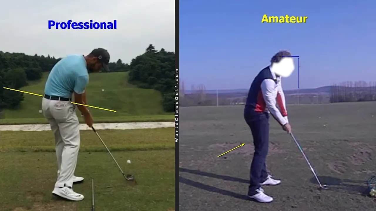 Pro vs amateur golf swing comparison showing right knee and turn gap affecting contact