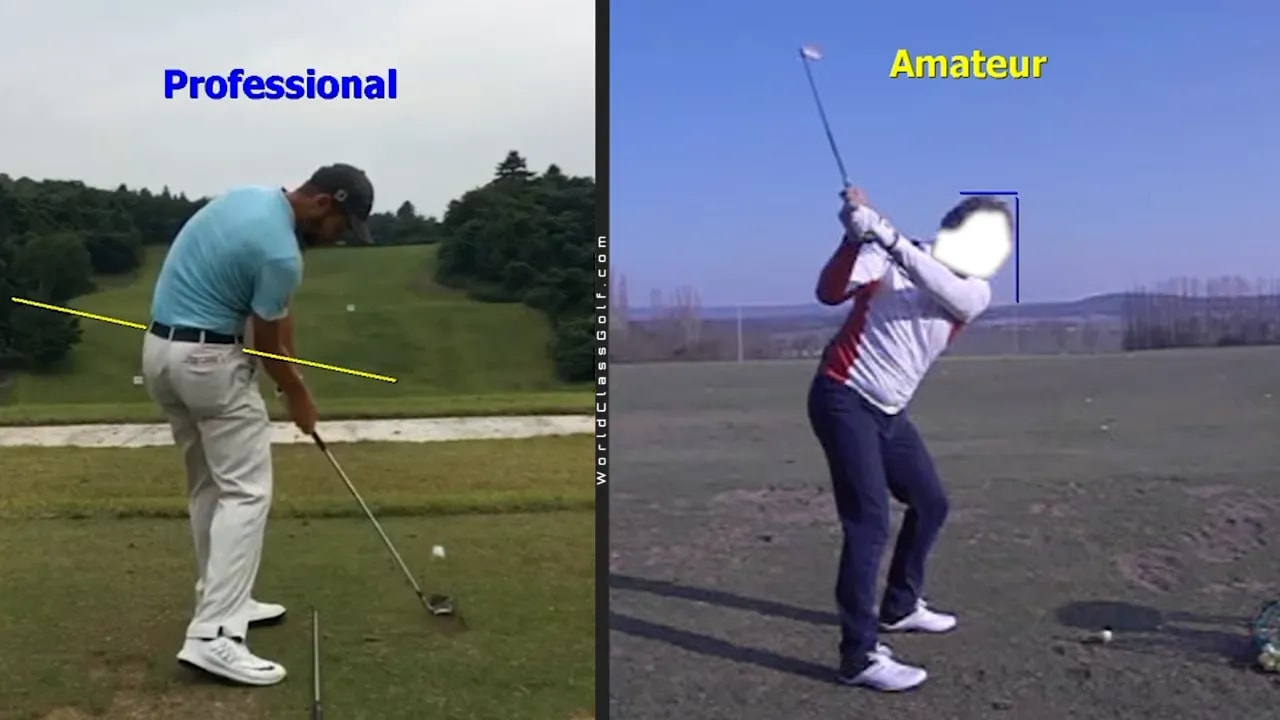 Side-by-side swing comparison showing professional versus amateur contact with pause or collision through the ball