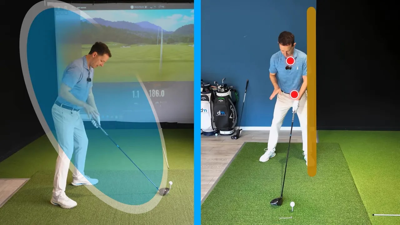Golfer demonstrating prop drill golf swing for driver with trail leg brace and centered impact positions