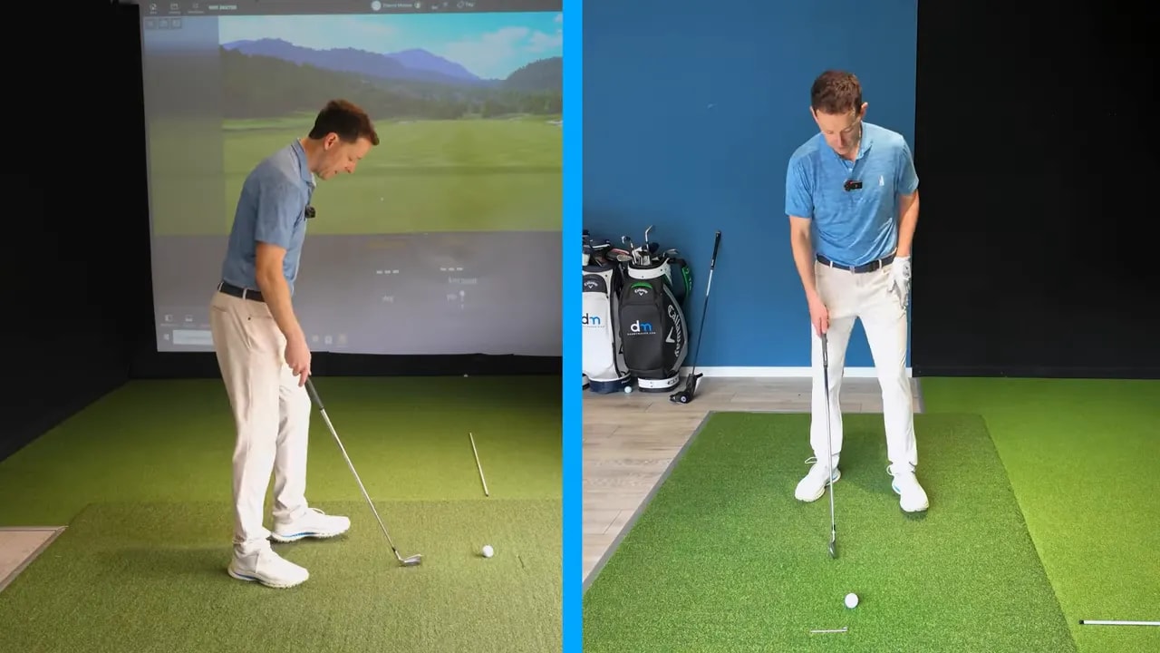 Golf golfer practicing on an indoor mat with alignment aids for the prop drill golf swing