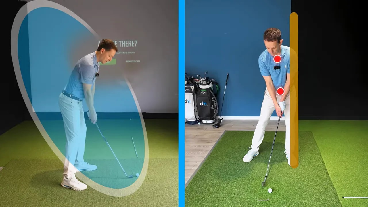 Golfer demonstrating the prop drill golf swing with trail-foot brace and centered posture on an indoor mat