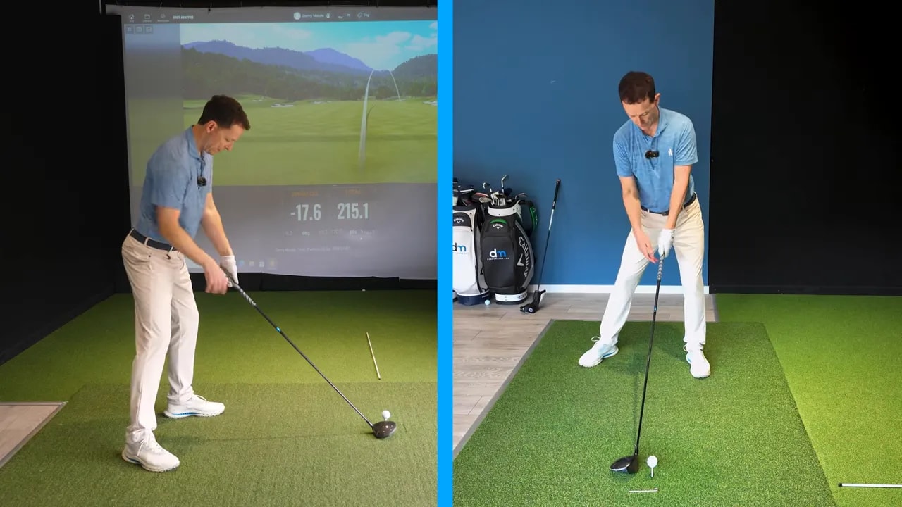 Golfer executing the prop drill golf swing with trail-foot brace and exaggerated feel toward impact on an indoor mat