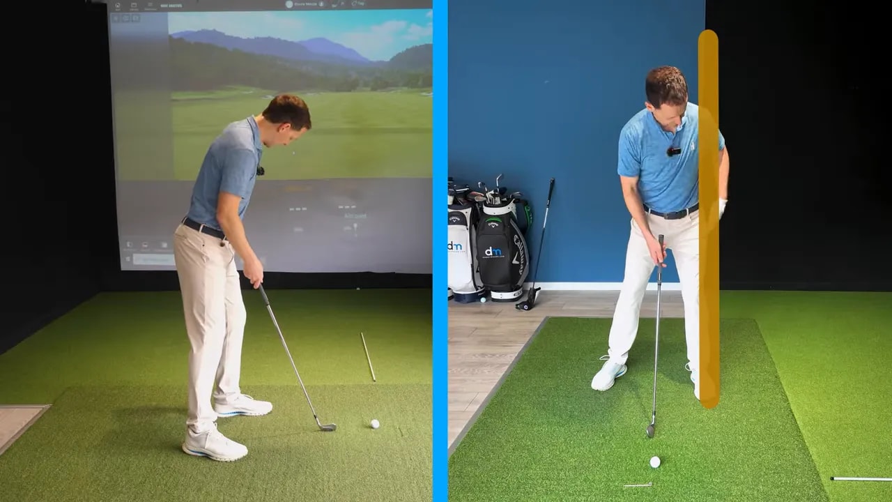 Golfer demonstrating prop drill golf swing setup with trail-foot brace against a line