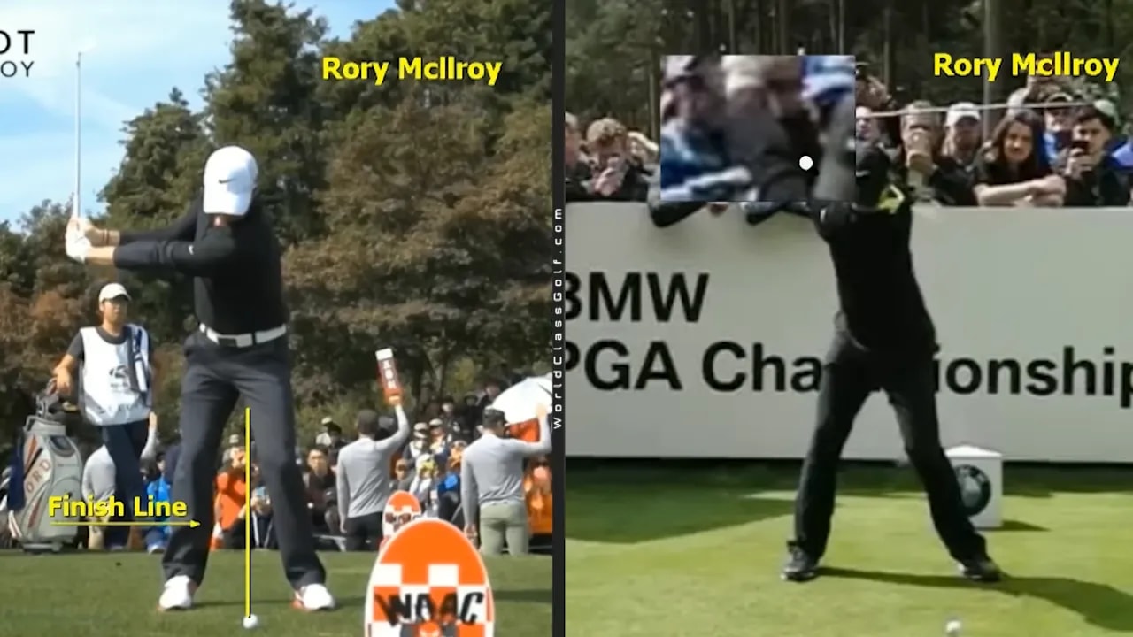 Rory McIlroy driver vs iron swing comparison showing wider top position and right side shortening into transition