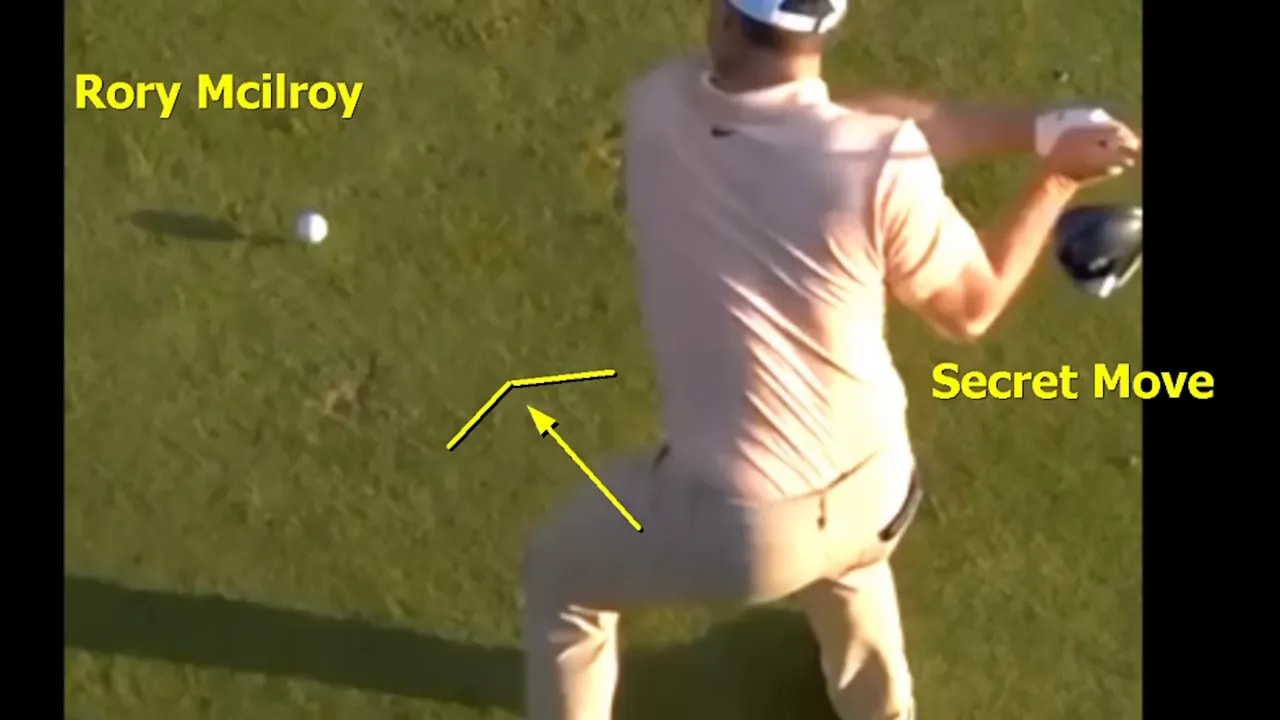 Rory McIlroy secret move at impact showing upper body and club delivery with yellow guide arrows