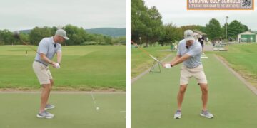 Split-screen golfer showing driver swing positions before and after release through impact on a range
