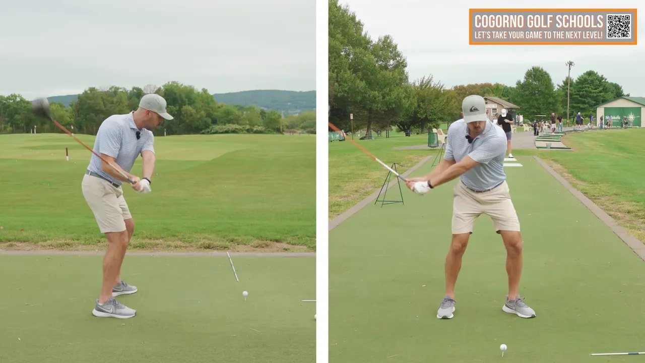 Split-screen golfer showing driver swing positions before and after release through impact on a range