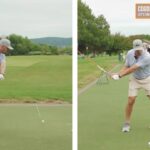 Split-screen golfer showing driver swing positions before and after release through impact on a range