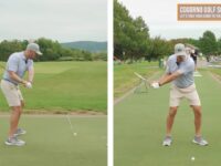Split-screen golfer showing driver swing positions before and after release through impact on a range