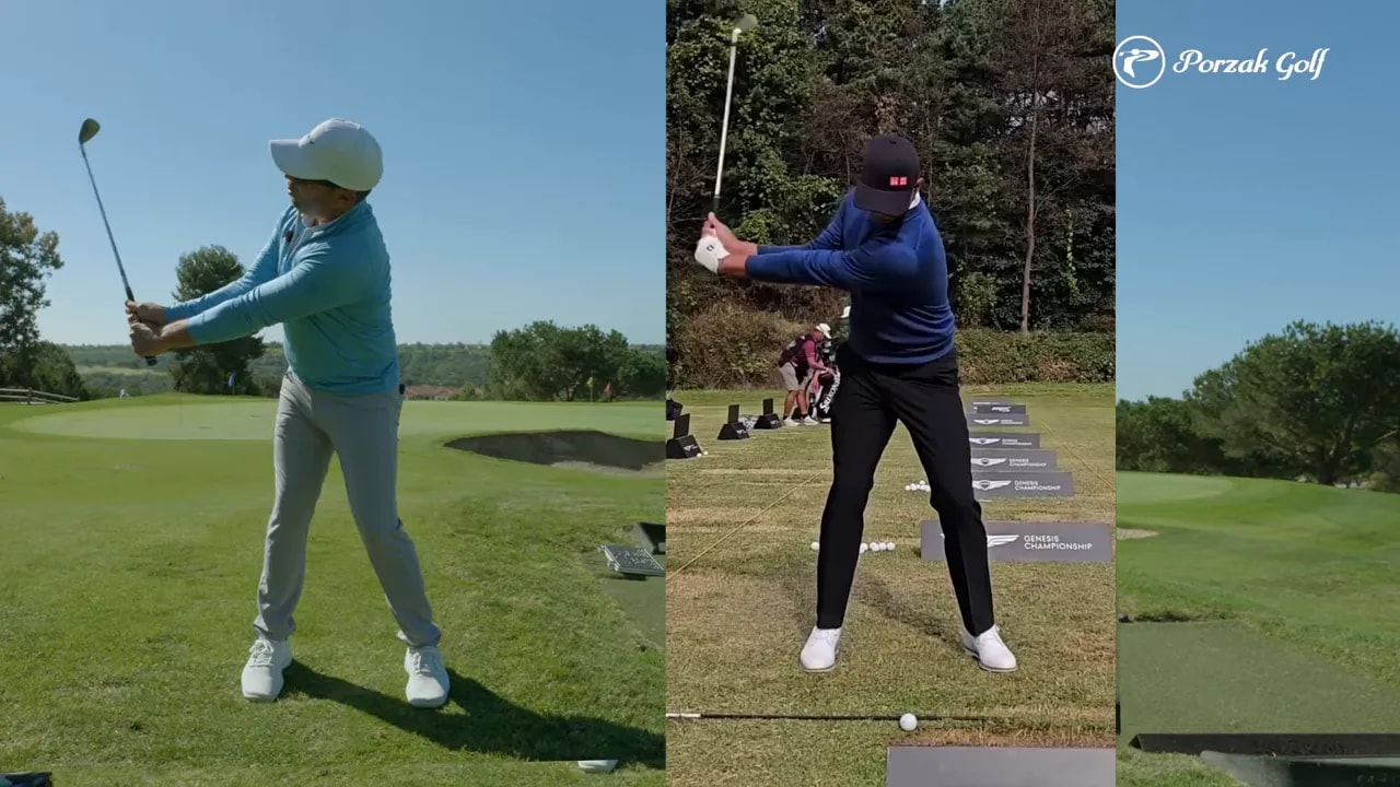 Split-screen of golfer striking positions for better compression and handle delivery