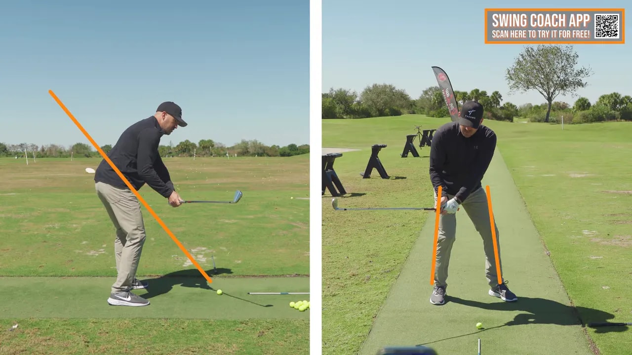 Split-screen golfer demonstrating hips-first downswing sequence leading to improved inside club approach on a practice range
