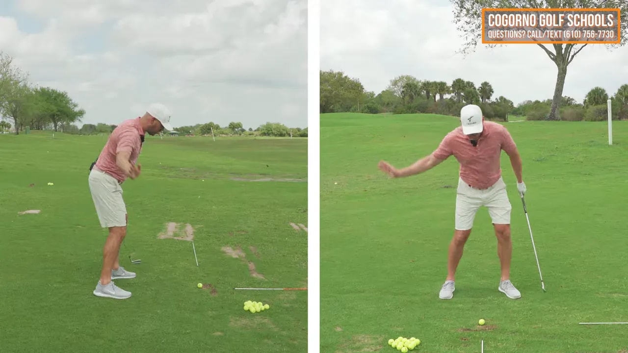 Split-screen drill demonstrating staying down through the ball with alignment markers