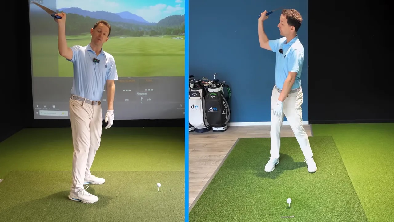 Golfer holds a supported top-of-backswing pose with the driver to hit driver longer