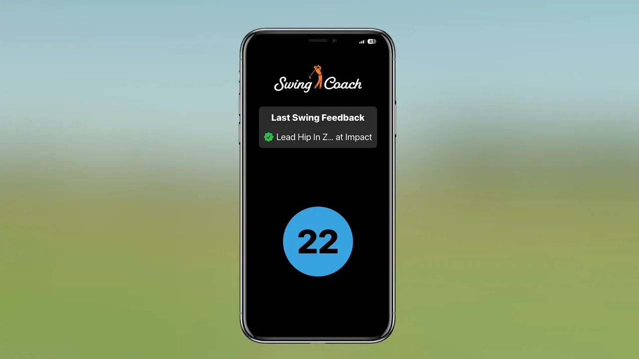 Swing Coach app phone screen showing last swing feedback: lead hip in Z at impact