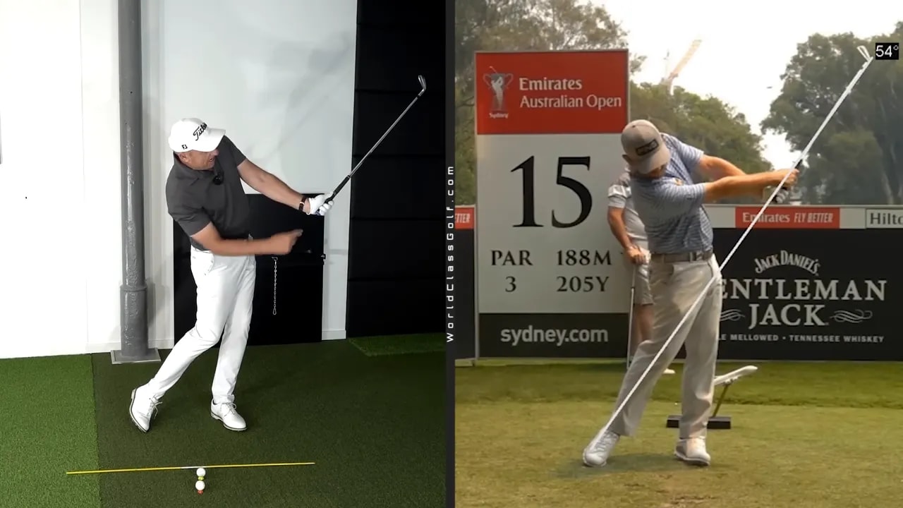 Golfer demonstrating wrist angle checkpoint through the golf swing delivery position