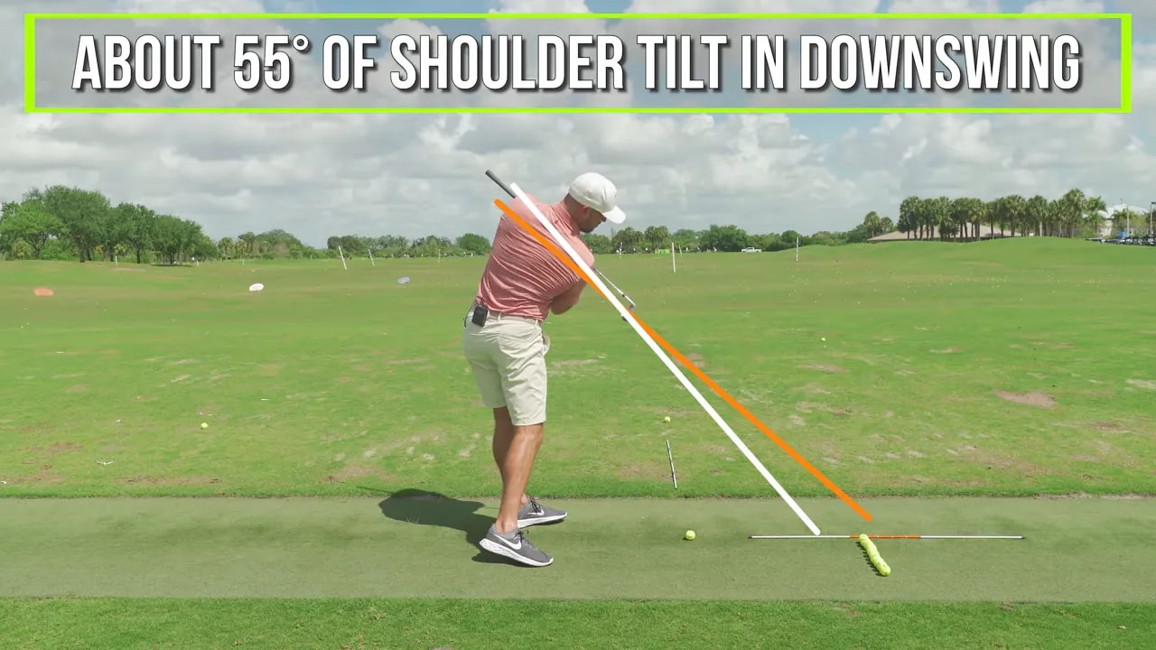 Golf instruction screenshot showing about 55 degrees of shoulder tilt in the downswing for iron compression