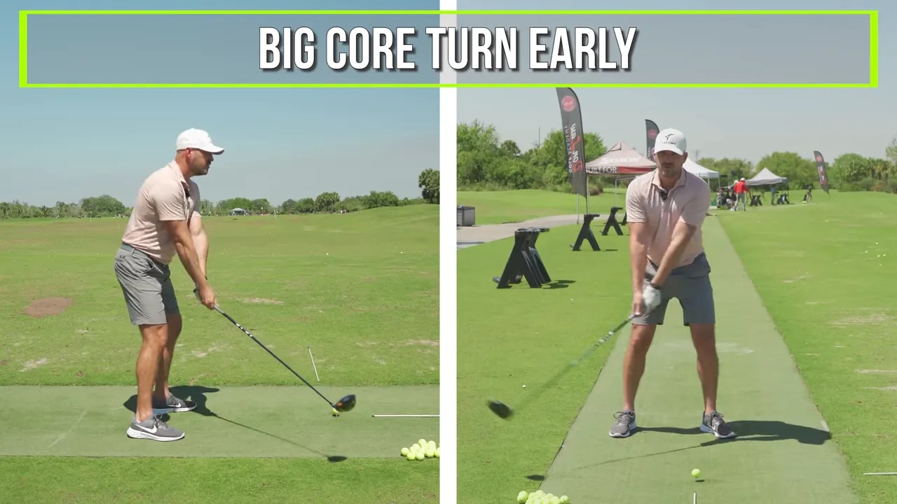 “Big core turn early” demo showing golfer positions during takeaway for golfers past 50