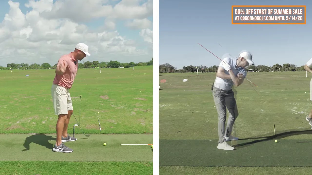 Split-screen golfer practicing bump and crunch downswing with trail shoulder working down and forward toward the checkpoint