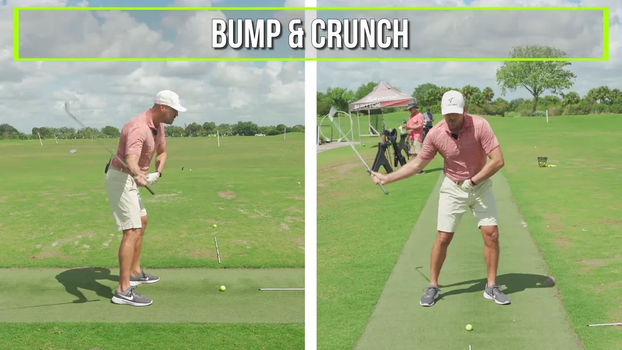 Split-screen instruction labeled bump and crunch showing golfer practice positions for trail shoulder down-and-forward action