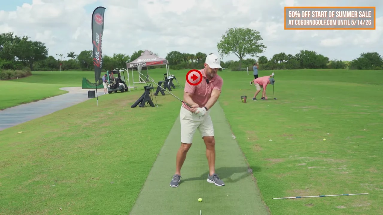 Coach view of golfer demonstrating bump and crunch drill with trail shoulder down and forward