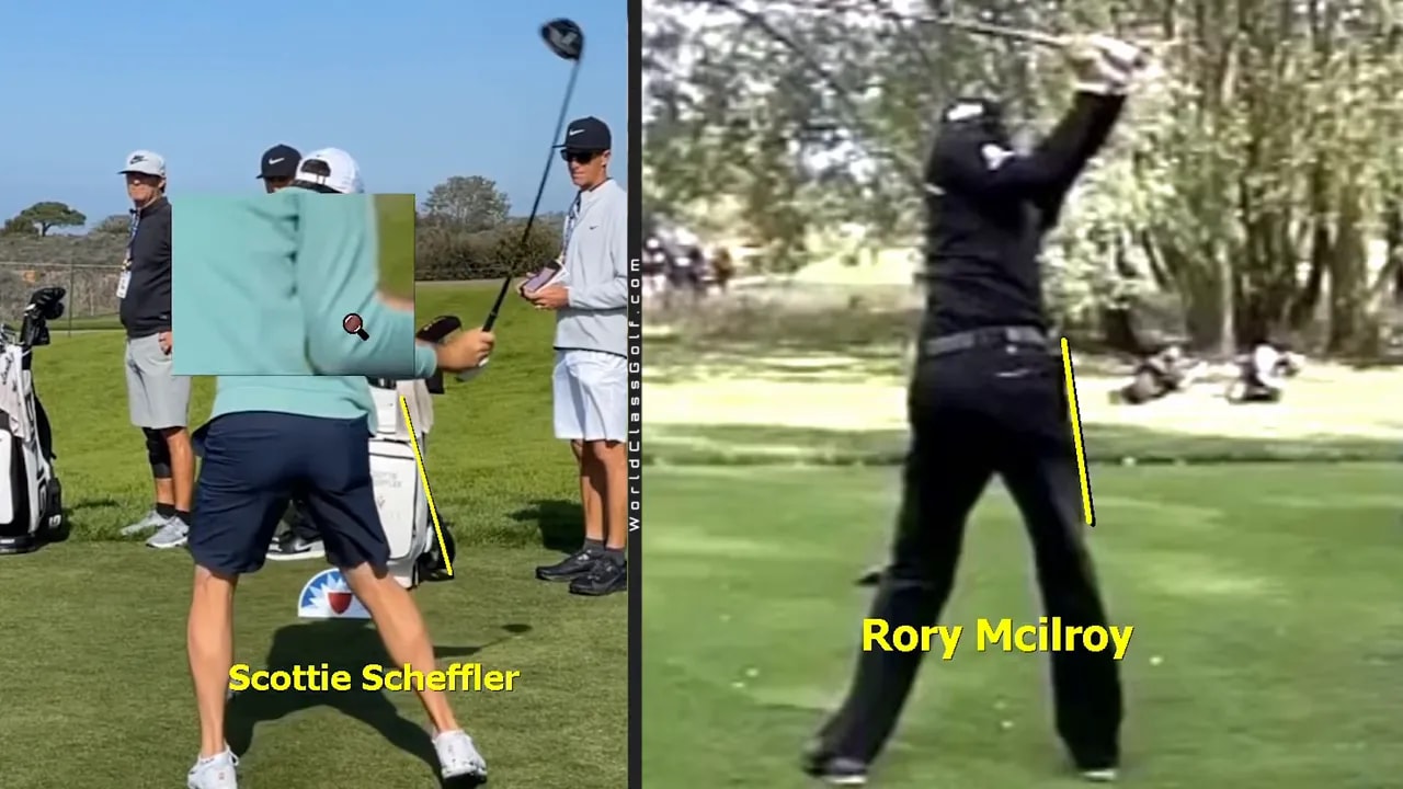 Split-screen comparison of Scottie Scheffler and Rory McIlroy showing connected trail arm position during the downswing