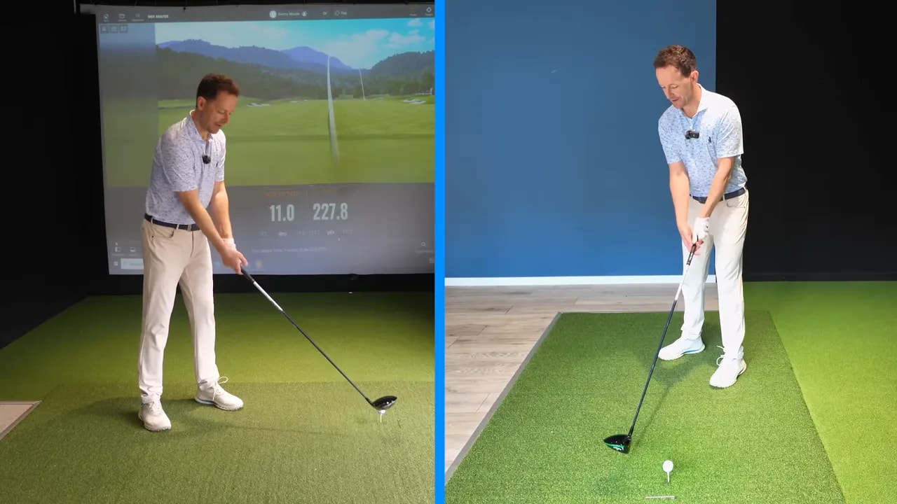 Instructor demonstrates driver exaggerated swing plane and address position on indoor golf mat for face-to-path control