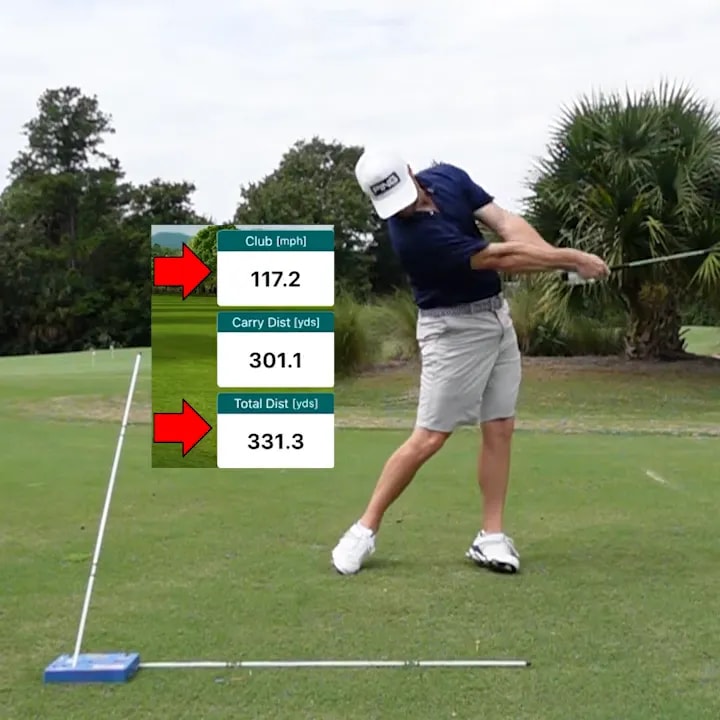 Golf swing stats overlay showing club speed, carry distance, and total distance for a driver shot