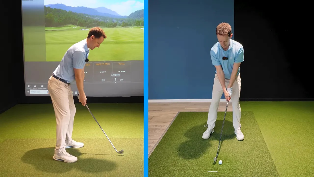 Golf coach demonstrating educated hands downswing start with club delivered in structure indoors