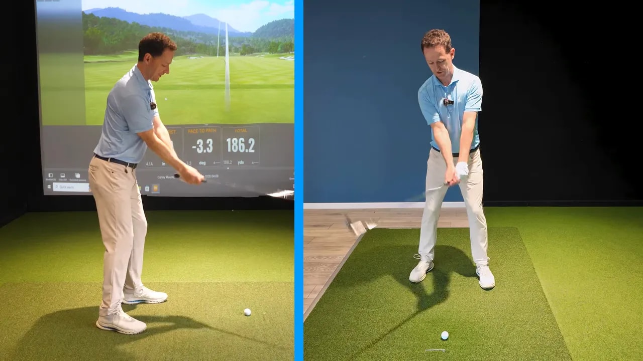 Split-screen of a golf coach showing educated hands drill positions from two angles in an indoor training bay