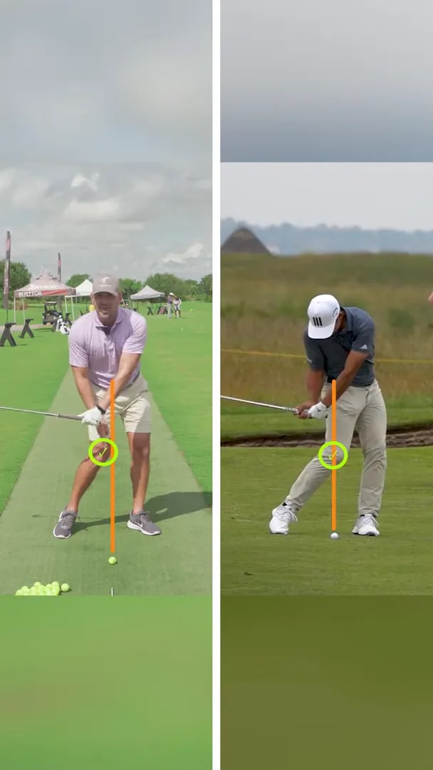 Face-on checkpoint for the trail knee downswing drill with highlighted knee positions and marked ball line