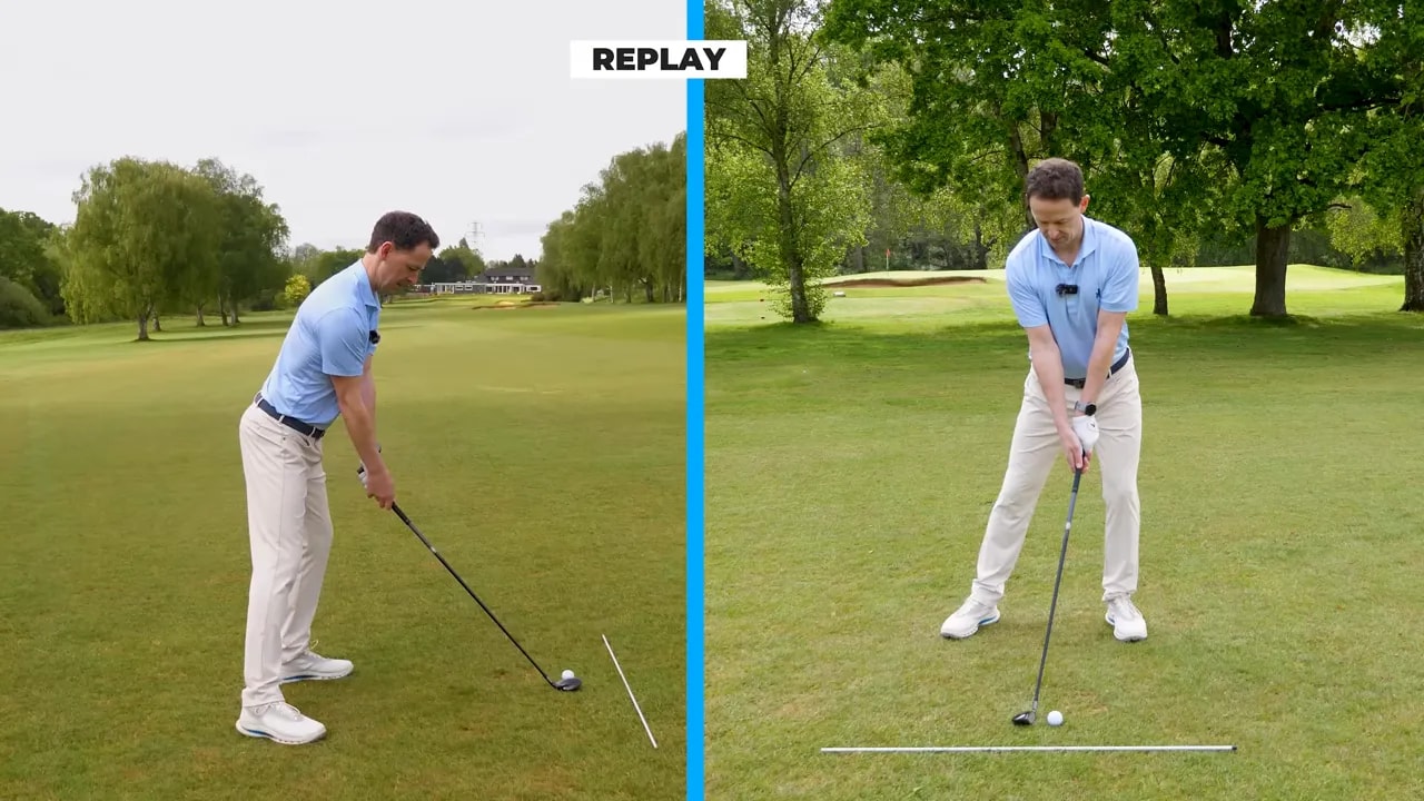 Golf coach demonstrating fairway wood contact rehearsal position with alignment and ball in stance