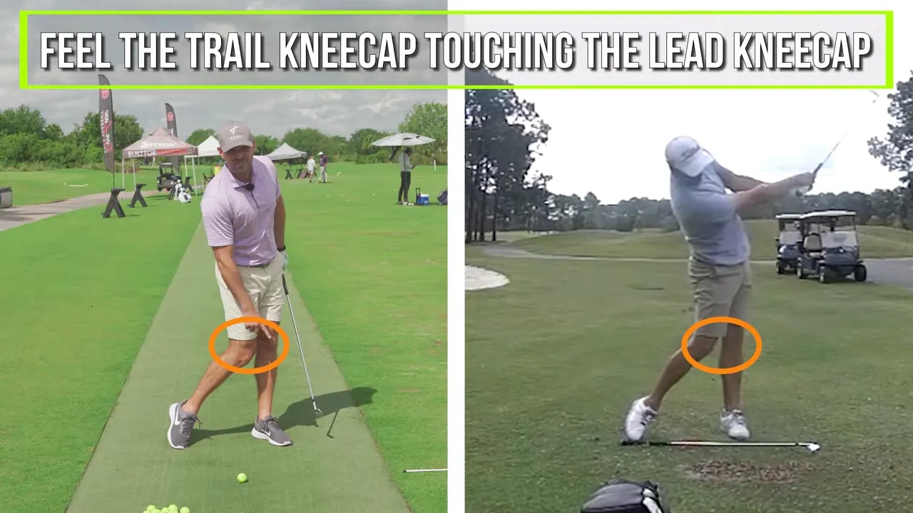 Golf drill with circles highlighting trail knee position moving toward the lead knee