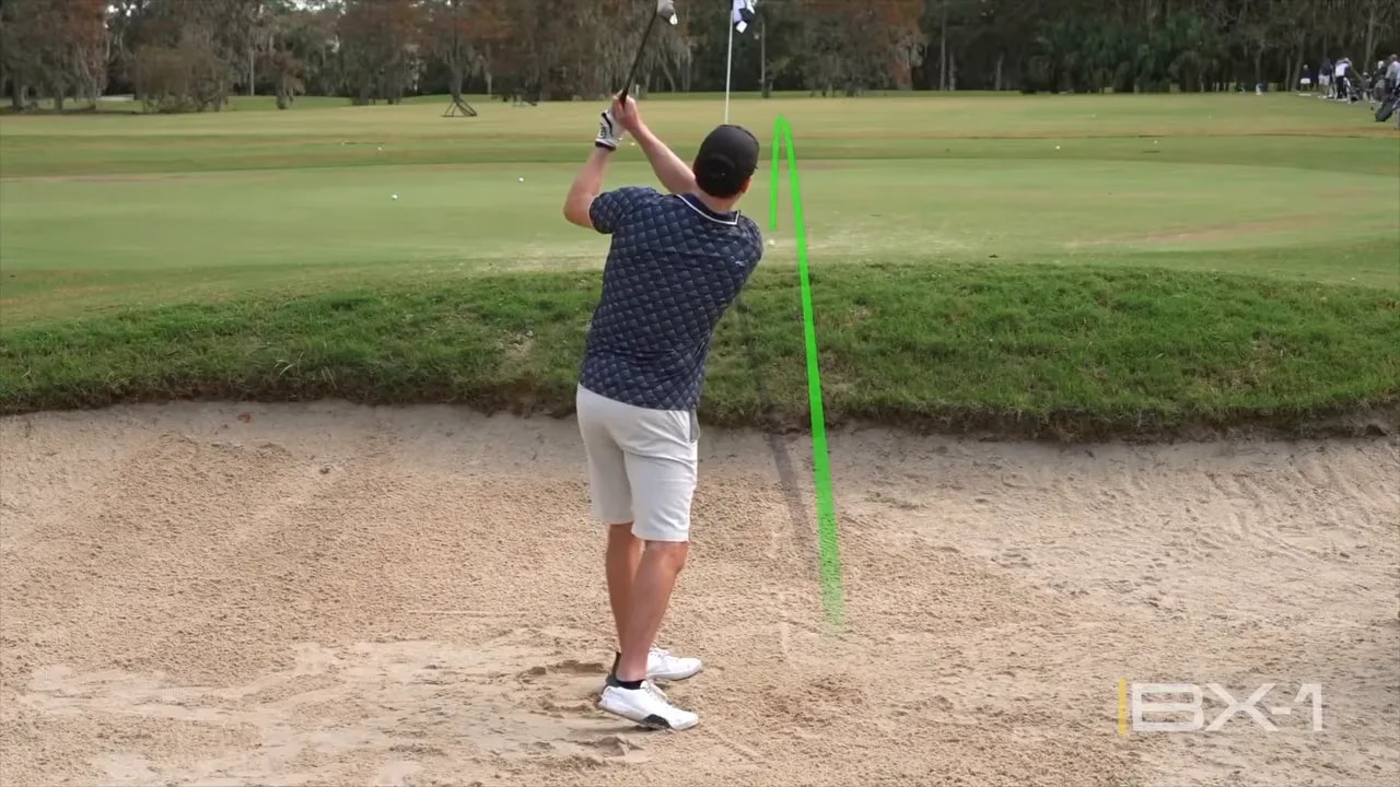 Golfer addressing a greenside bunker with a simplified, square stance and a square clubface