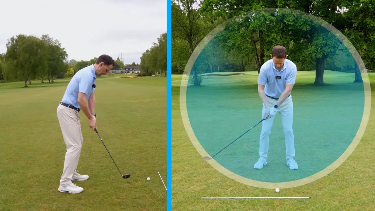 Golfer uses a highlighted arc guide to rehearse shoulder motion for better fairway wood contact