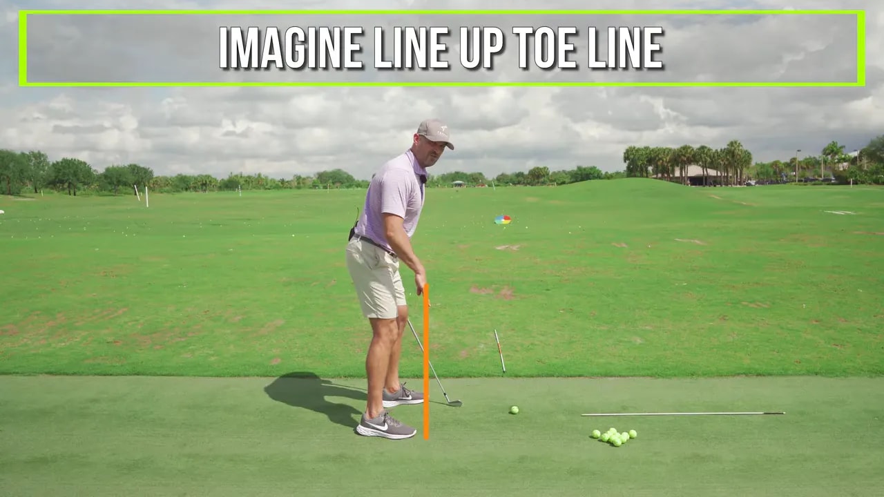 Instruction overlay showing imagine the toe line while golfer demonstrates trail knee staying inside the toe line