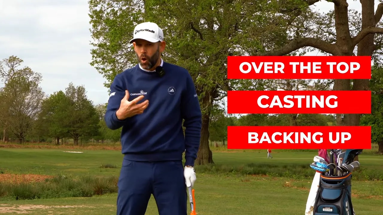 Golf instructor labels over the top, casting, and backing up faults in downswing