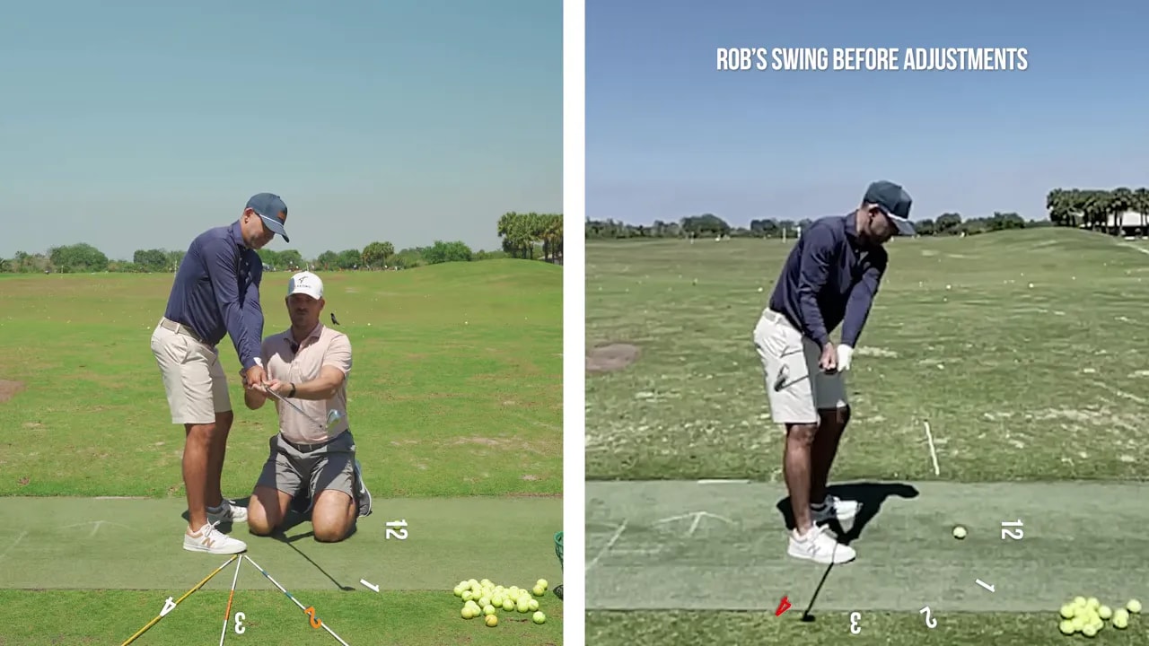 Two-panel screenshot of coach and golfer demonstrating the over-the-top golf swing fix setup before adjustments on a range