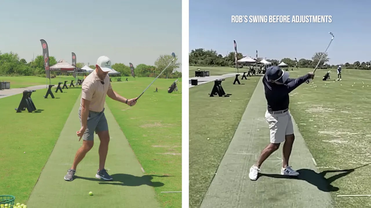 Two-panel screenshot showing a golfer preparing swing mechanics with full body visibility before adjustments
