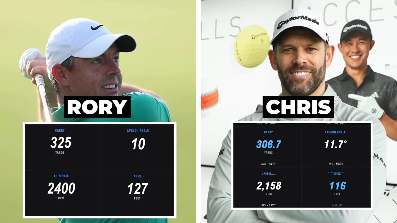 Split screen comparing Rory McIlroy and Chris driver numbers including carry, launch angle, spin rate, and apex