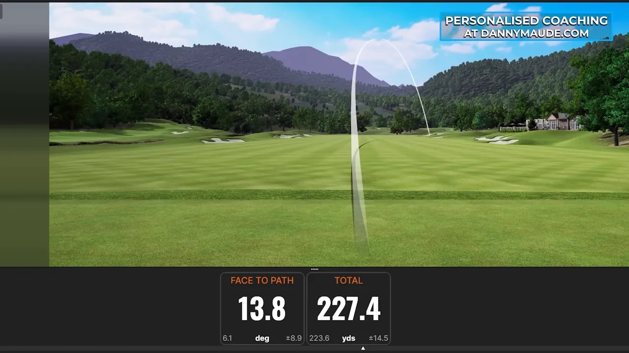 Simulator display with face-to-path and total numbers for controlling driver ball flight