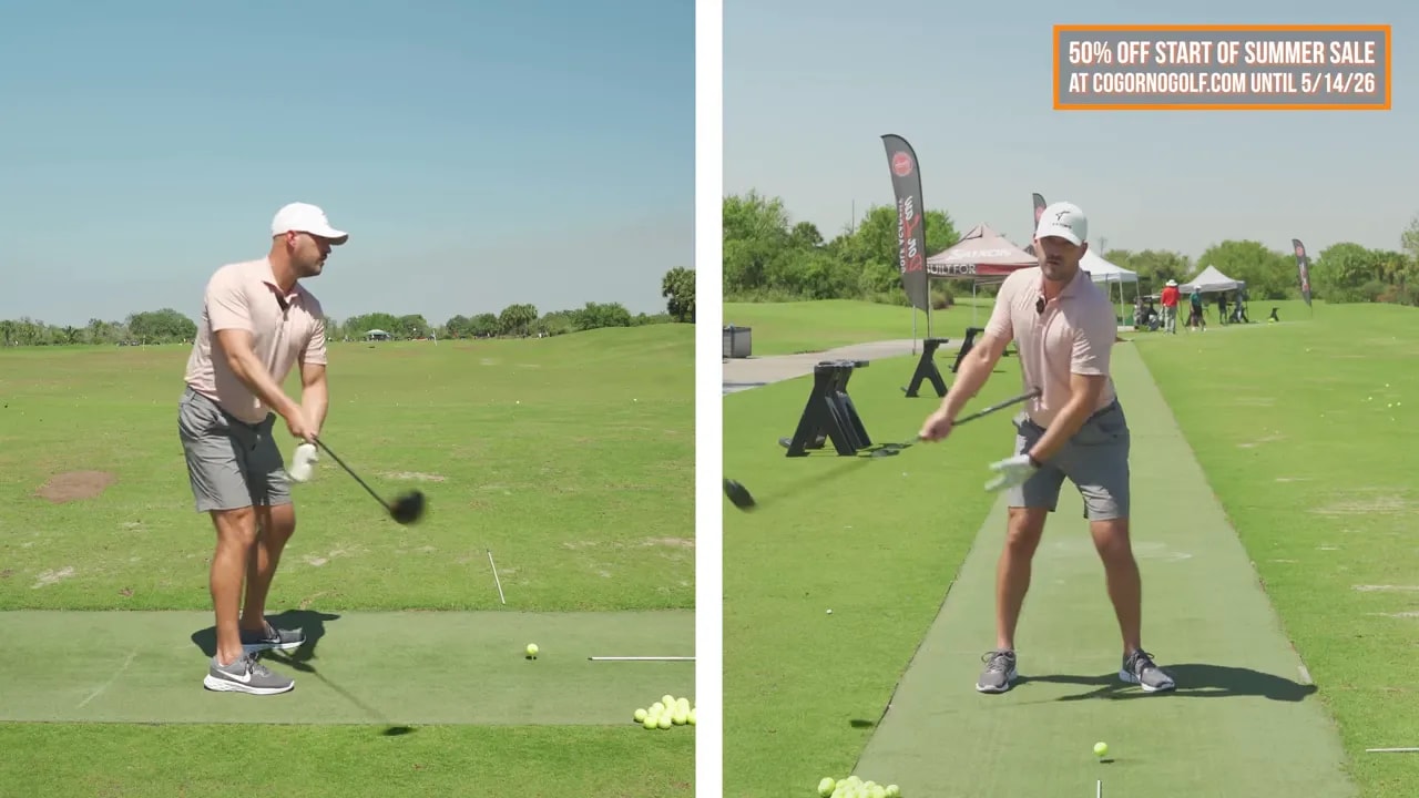 Split-screen golfer positions from address to early takeaway emphasizing early body turn